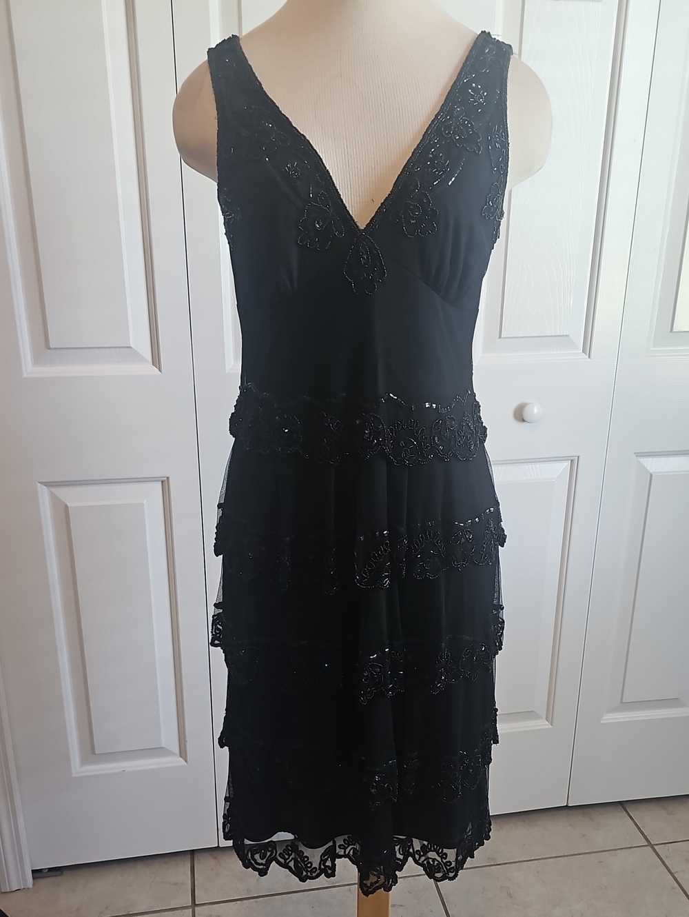 Stenay Vintage Beaded Tiered Dress Womens Sz 8 Black Cocktail Evening Rayon Mesh